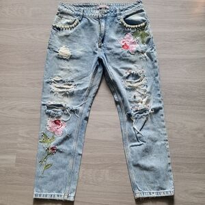 Final✅️ Unique Stylish Floral Embroidered Blue Distressed Jeans With Pearls